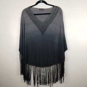 XCVI Ombre Black Gray Fringe V Neck Detail Top